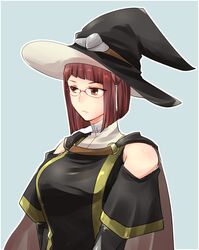  bare_shoulders breasts brown_eyes cape female fire_emblem fire_emblem_awakening glasses grey_background hat highres large_breasts looking_to_the_side medium_hair miriel_(fire_emblem) red_hair shougayaki_(kabayaki_3) solo turtleneck upper_body witch_hat 