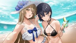  2girls absurdres bare_shoulders beach bikini black_bikini black_eyes black_hair blue_sky blush breasts brown_eyes brown_hair chungu cleavage collarbone commentary_request cup day drinking_glass finger_heart hat highres large_breasts long_hair looking_at_viewer multiple_girls ocean open_mouth original outdoors shore short_hair sky sun_hat swimsuit white_bikini white_headwear 