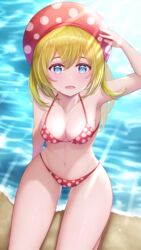  absurdres arm_support armpits beach bikini blonde_hair blue_eyes breasts cleavage commentary_request commission female groin hair_between_eyes halterneck hand_on_headwear hat highres kazama_ran light_blush long_hair looking_at_viewer medium_breasts navel ocean original outdoors polka_dot polka_dot_bikini shore skeb_commission solo swimsuit thighs water wet 