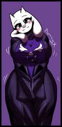  anthro big_breasts blush bovid breasts caprine clothing dress elronnyx_(artist) female floppy_ears goat head_tilt hi_res looking_at_viewer mammal motion_lines signature smile solo tight_clothing tight_dress toriel undertale_(series) 