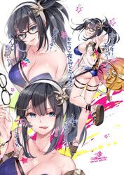  218 ass bikini blue_bikini breast_tattoo breasts cleavage dated female glasses granblue_fantasy grin hairband illnott_(granblue_fantasy) illnott_(summer)_(granblue_fantasy) jacket large_breasts licking_lips long_hair multiple_views official_alternate_costume one_eye_closed ponytail sandals see-through see-through_jacket signature smile swimsuit tattoo thigh_strap tongue tongue_out unworn_eyewear wet 