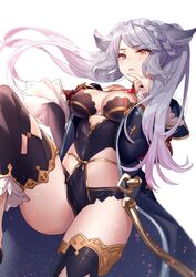  aki663 animal_ears black_thighhighs breasts brown_eyes commentary detached_pants erune female fraux granblue_fantasy grey_hair highres leotard medium_breasts robe solo thighhighs thighs twintails white_background 