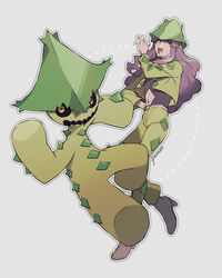  1boy bad_id bad_pixiv_id cacturne clothing_cutout commentary crop_top green_headwear grey_background hand_on_own_hip hand_up harley_(pokemon) hat kusuribe long_hair long_sleeves navel navel_cutout open_mouth outline pants pokemon pokemon_(anime) pokemon_(creature) pokemon_rse_(anime) purple_hair signature tongue 