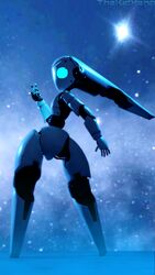  3d_(artwork) 9:16 ambiguous_gender black_body blue_eyes detailed_background digital_media_(artwork) disney drossel_von_flugel_(fireball) fireball_(disney) gesture hand_gesture hi_res machine mouthless robot solo thekidxeno v_sign white_body 