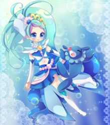  aqua_background aqua_hair bad_deviantart_id bad_id blue_background blue_eyes blue_skirt blue_theme boots crop_top cure_mermaid detached_sleeves female floating go!_princess_precure knee_boots lace long_hair md5_mismatch midriff navel pinny pokemon pokemon_(creature) popplio precure resolution_mismatch skirt source_smaller 