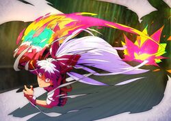  bamboo bamboo_forest bow commentary_request eye_trail female fire forest fujiwara_no_mokou full_body hairbow incoming_kick jumping light_trail long_hair nature outdoors pants red_bow red_eyes red_pants shirt short_sleeves solo tomo_(touajukou) touhou white_bow white_hair white_shirt wrist_cuffs 