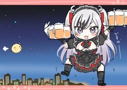  :3 alcohol azur_lane beer beer_mug black_dress black_gloves black_hair black_legwear blush breasts building cross cup dress elbe_(azur_lane) elbe_(time_to_show_off?)_(azur_lane) emirio_(emirio110) female frilled_dress frills giant giantess gloves grey_hair highres holding holding_tray iron_cross kneehighs large_breasts long_hair maid_headdress manjuu_(azur_lane) mug multicolored_hair oerba_yun_fang official_alternate_costume open_mouth parodius parody puffy_short_sleeves puffy_sleeves short_sleeves socks streaked_hair tray two_side_up 