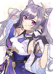  arm_behind_head bare_shoulders black_gloves closed_mouth commentary_request cone_hair_bun female flower genshin_impact gloves hair_between_eyes hair_bun hair_flower hair_ornament hands_up highres keqing_(genshin_impact) long_hair looking_at_viewer mugi_(iccomae) purple_eyes purple_hair purple_skirt shirt skirt sleeveless sleeveless_shirt solo twintails very_long_hair white_flower white_shirt 