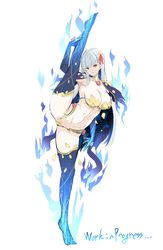  armlet armor bikini_armor blue_fire blue_hair blue_skin blush body_markings breasts cleavage collar colored_inner_hair colored_skin earrings fate/grand_order fate_(series) female fire flower full_body gradient_skin hair_ribbon highres jewelry kama_(fate) kama_(third_ascension)_(fate) large_breasts leg_lift leg_up legs long_hair looking_at_viewer lotus metal_collar mine_(wizard) multicolored_hair navel red_eyes ribbon split standing standing_on_one_leg standing_split thighhighs thighlet thighs two-tone_hair unfinished white_hair 