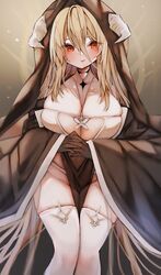  absurdly_long_hair azur_lane between_breasts black_gloves blonde_hair breast_cutout breasts covered_navel fake_horns female gloves habit hair_between_eyes highres horns huge_breasts ichigo_moka implacable_(azur_lane) interlocked_fingers long_bangs long_hair long_sleeves looking_to_the_side nun pelvic_curtain red_eyes see-through solo thighhighs veil very_long_hair white_horns white_thighhighs wide_sleeves 