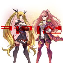  2girls aged_up azur_lane boots breasts cleavage_cutout clothing_cutout cosplay costume_switch crossover fire_emblem fire_emblem:_three_houses hilda_valentine_goneril hilda_valentine_goneril_(cosplay) korean_commentary korean_text kuwahara_yuuki large_breasts lazy_ant long_hair military military_uniform multiple_girls naval_uniform nelson_(azur_lane) nelson_(azur_lane)_(cosplay) star_(symbol) thigh_boots uniform voice_actor_connection 