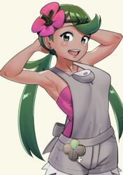  :d armpits arms_behind_head bare_arms blush breasts collarbone commentary_request cowboy_shot dark-skinned_female dark_skin eyelashes female flower green_eyes green_hair green_headband grey_overalls headband highres long_hair makino_harumaki mallow_(pokemon) open_mouth overall_shorts overalls pink_flower pink_shirt pokemon pokemon_sm shirt sleeveless smile solo swept_bangs teeth tongue twintails upper_teeth_only 