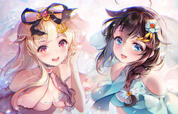  2girls alternate_costume black_hair blonde_hair blue_dress blue_eyes blush braid breasts dress hair_between_eyes hair_flaps hair_ornament hair_over_shoulder hair_ribbon kantai_collection long_hair medium_breasts multiple_girls off-shoulder_dress off_shoulder open_mouth paint_musume photoshop_(medium) pink_dress ribbon shigure_(kancolle) shigure_kai_ni_(kancolle) single_braid smile yuudachi_(kancolle) yuudachi_kai_ni_(kancolle) 