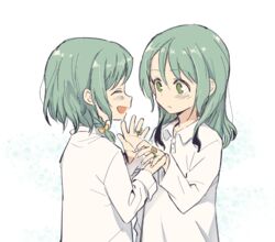  2girls :d ^_^ aged_down akni bang_dream! bow braid closed_eyes collared_shirt commentary_request flower_ring frown green_eyes green_hair hairbow hikawa_hina hikawa_sayo lolicon long_hair long_sleeves looking_at_another matching_outfits multiple_girls open_mouth shirt short_hair siblings side_braids sisters smile twins upper_body white_shirt yellow_bow 