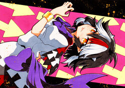  arrow_background arrow_print bad_id bad_pixiv_id black_hair bow bowtie bracelet closed_mouth cone_horns dress female grey_horns horns jewelry kijin_seija looking_at_viewer multicolored_hair puffy_short_sleeves puffy_sleeves purple_bow purple_bowtie qqqrinkappp red_eyes red_hair short_hair short_sleeves small_horns smile solo streaked_hair tongue tongue_out touhou traditional_media upper_body white_dress white_hair 