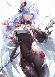  blue_eyes blue_nails bodysuit braid breast_curtain breasts bridal_gauntlets calamity_queller_(genshin_impact) capelet chinese_clothes closed_mouth commentary covered_navel cowboy_shot earrings feathers female floating_hair genshin_impact gold_trim grey_hair hair_ornament hair_over_one_eye highres hip_vent holding holding_polearm holding_weapon jewelry large_breasts long_hair looking_at_viewer low-braided_long_hair low-tied_long_hair mool_yueguang polearm shenhe_(genshin_impact) solo tassel tassel_earrings thigh_gap very_long_hair weapon 