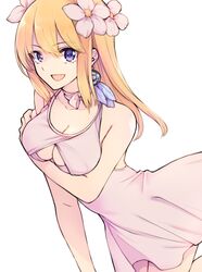  arm_under_breasts blonde_hair blue_eyes breasts choker cleavage_cutout clothing_cutout dr._stone dress dutch_angle earrings feather_earrings feathers female flower hair_flower hair_ornament jewelry kohaku_(dr._stone) large_breasts long_hair maru_(pixiv51714255) pink_choker pink_dress ribbon_choker solo white_background 