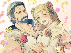  1boy absurdres alternate_costume beard blonde_hair blue_hair blush closed_mouth commentary_request couple facial_hair female fire_emblem fire_emblem_heroes green_eyes gustav_(fire_emblem) gustav_(valentine)_(fire_emblem) henriette_(fire_emblem) henriette_(valentine)_(fire_emblem) highres holding_hands husband_and_wife nishimura_(shinchinagachi) official_alternate_costume open_mouth scar scar_on_face smile straight twitter_username 