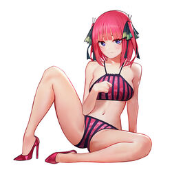  arm_support bad_id bad_pixiv_id bare_arms bare_shoulders bikini blunt_bangs blush breasts butterfly_hair_ornament closed_mouth collarbone female floral_print full_body go-toubun_no_hanayome hair_ornament high_heels knee_up looking_at_viewer medium_breasts micat nakano_nino navel photoshop_(medium) pink_bikini pink_footwear pink_hair print_bikini purple_eyes short_hair sitting solo spread_legs stomach striped_bikini striped_clothes swimsuit two_side_up vertical-striped_bikini vertical-striped_clothes 