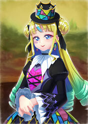  aqua_hair black_corset black_ribbon blonde_hair blue_eyes blue_hair braid braided_bun check_commentary commentary_request corset crown_hat dress drill_hair earrings eyeliner facial_mark female fine_art_parody frilled_sleeves frills gothic_lolita gradient_hair hair_bun hair_ribbon highres jewelry juliet_sleeves kokoa_remon kokoa_remon_(primagista) lipstick lolita_fashion long_hair long_sleeves looking_at_viewer makeup mona_lisa multicolored_clothes multicolored_dress multicolored_hair own_hands_together parody portrait pretty_series puffy_sleeves red_lips renaissance ribbon rin_takanashi_glacies smile solo stained_glass_print streaked_hair three_quarter_view upper_body waccha_primagi! 