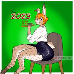  1:1 absurd_res anthro bottomwear chair clothing digitigrade female fishnet_clothing freckles furniture hair heterochromia hi_res lagomorph latex latex_bottomwear latex_clothing latex_skirt leporid mammal on_chair orange_hair pose rabbit short_hair sitting sitting_on_chair skirt solo thick_thighs undythebadger writing_utensil 