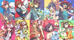  4boys 4girls bag banned_artist baseball_cap beanie black_legwear blue_eyes bounsweet brown_eyes brown_hair calem_(pokemon) chespin closed_mouth commentary_request cutiefly denim denim_shorts elio_(pokemon) eyelashes eyewear_on_headwear fennekin froakie gen_5_pokemon gen_6_pokemon gen_7_pokemon gothita hat hilbert_(pokemon) hilda_(pokemon) holding holding_pokemon jacket lillipup litten minior multiple_boys multiple_girls naru_(andante) nate_(pokemon) on_shoulder one_eye_closed open_mouth oshawott patrat pleated_skirt pokemon pokemon_(creature) pokemon_(game) pokemon_bw pokemon_bw2 pokemon_on_shoulder pokemon_sm pokemon_usum pokemon_xy popplio red_headwear red_skirt rosa_(pokemon) rowlet selene_(pokemon) serena_(pokemon) shirt shorts shoulder_bag skirt smile snivy spritzee starter_pokemon sunglasses t-shirt tepig thighhighs tongue vanillite vest visor_cap yungoos zipper_pull_tab 