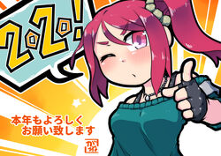  2020 7th_dragon_(series) 7th_dragon_2020 armband black_gloves blush breasts commentary_request female fingerless_gloves gloves green_shirt hair_between_eyes jewelry kogane_(tranzaku) long_hair medium_breasts necklace new_year off-shoulder_shirt off_shoulder one_eye_closed orange_background pointing red_eyes red_hair shirt side_ponytail sidelocks solo spoken_number star_(symbol) strap sunburst sunburst_background translation_request unose_aoi upper_body 