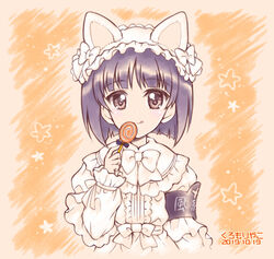  :q animal_ears armband artist_name black_eyes black_hair blunt_bangs blunt_ends bob_cut candy cat_ears closed_mouth commentary cropped_torso dated dress fake_animal_ears female food frilled_dress frills girls_und_panzer gotou_moyoko hairband halloween halloween_costume holding holding_food kuromori_yako licking_lips lolita_fashion lolita_hairband lollipop long_sleeves looking_at_viewer one-hour_drawing_challenge orange_background photoshop_(medium) short_hair smile solo star_(symbol) star_print tongue tongue_out upper_body white_dress white_hairband 