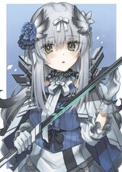  absurdres arknights bibeak_(arknights) blush capelet dress feather_hair female frilled_dress frills gloves green_eyes grey_hair hair_ribbon highres holding holding_sword holding_weapon infection_monitor_(arknights) long_hair parted_lips ribbon semi_colon solo sword weapon 