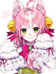  absurdres ahoge animal_ears animal_hands bell blunt_bangs blush bow center_frills commentary copyright_request corset female fox_ears frills gem green_eyes grin ha_youn hair_ornament hair_ribbon hands_up highres jingle_bell long_hair long_sleeves looking_at_viewer paw_print pink_bow pink_hair red_ribbon ribbon shirt simple_background sleeves_past_fingers sleeves_past_wrists smile solo symbol-only_commentary whiskers white_background white_hair white_shirt 