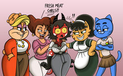  apron badge belt cartoon_network clothed clothing demon disney domestic_cat dress dress_shirt ear_piercing ear_ring felid feline felis female female/female gloves goof_troop group handwear hanna-barbera happy helluva_boss hi_res imp jewelry lin_(helluva_boss) lipstick makeup mammal mature_female mrs._katswell necklace nickelodeon nicole_watterson patricia_bunny peg_pete piercing red_scarf ring_piercing scarf shinragod shirt shocked t.u.f.f._puppy the_amazing_world_of_gumball the_looney_tunes_show thick_thighs topwear warner_brothers wide_hips 