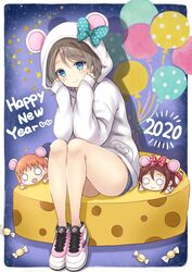  2020 :d ahoge animal_ears animal_hood aqua_bow balloon blue_eyes blush blush_stickers bow braid candy character_doll cheese chinese_zodiac clenched_hands commentary_request elbows_on_knees female food grey_hair hairbow happy_new_year head_rest highres hood hood_up hoodie legs_together long_sleeves looking_at_viewer love_live! love_live!_sunshine!! mouse_ears mouse_hood nesoberi new_year nike_(company) o_o open_mouth orange_hair pink_footwear polka_dot polka_dot_bow red_bow sakurai_makoto_(custom_size) sakurauchi_riko shoes short_hair side_braid sitting smile sneakers solo takami_chika watanabe_you white_hoodie year_of_the_rat 