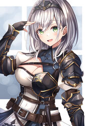  absurdres arm_up armor black_gloves blush braid breasts chest_guard cleavage cleavage_cutout clothing_cutout collared_dress commentary dress eyes_visible_through_hair female fingerless_gloves gloves green_eyes grey_hair hair_between_eyes hairband highres hololive large_breasts looking_at_viewer medium_hair mole mole_on_breast open_mouth puffy_short_sleeves puffy_sleeves shirogane_noel shirogane_noel_(1st_costume) short_sleeves shoulder_armor smile solo tiara tsukasa_tsubasa two-tone_dress upper_body vambraces virtual_youtuber wavy_hair 