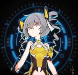  bare_shoulders black_background bronya_zaychik bronya_zaychik_(yamabuki_armor) drill_hair error1980 female grey_eyes grey_hair hair_between_eyes highres honkai_(series) honkai_impact_3rd looking_at_viewer navel open_mouth solo twin_drills 