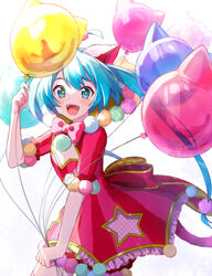  +_+ akabino animal_balloon animal_ears aqua_hair back_bow balloon blue_eyes blue_hair blush bow bowtie cat_ears commentary dress fake_animal_ears fangs female frilled_dress frills happy hatsune_miku highres holding holding_balloon long_hair looking_at_viewer open_mouth pink_bow pink_bowtie pink_dress project_sekai short_sleeves simple_background smile solo star_(symbol) teeth twintails upper_teeth_only vocaloid white_background white_legwear wonderlands_x_showtime_(project_sekai) wonderlands_x_showtime_miku 