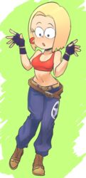  alternate_hair_length alternate_hairstyle belt blonde_hair blue_mary blue_mary_(cosplay) blue_pants cosplay fatal_fury female fingerless_gloves full_body gloves highres kaze_fukeba_nanashi leni_loud loose_belt open_mouth pants short_hair solo the_king_of_fighters the_loud_house toon_(style) 