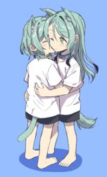  2girls aged_down akni animal_collar animal_ears aqua_hair bang_dream! barefoot black_shorts blue_background blue_collar braid cat_ears cat_tail closed_eyes collar commentary_request dog_ears dog_tail full_body green_eyes hikawa_hina hikawa_sayo hug kissing kissing_cheek lolicon long_hair multiple_girls one_eye_closed shirt short_hair short_sleeves shorts siblings side_braids sisters standing tail twins white_shirt 