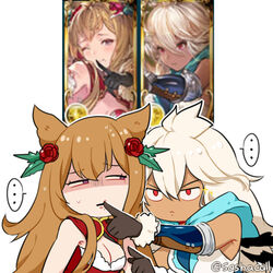  ... 2girls arm_guards black_gloves breasts brown_hair cheek_poking chibi cleavage cleavage_cutout clothing_cutout dark-skinned_female dark_skin dress erune flower fur-trimmed_gloves fur_trim glaring gloves granblue_fantasy hair_between_eyes hair_flaps hair_flower hair_ornament half-closed_eyes highres long_hair looking_at_another metera_(granblue_fantasy) mole mole_under_mouth multiple_girls poking purple_eyes red_eyes sashacall shaded_face sleeveless sparkle spoken_ellipsis sweatdrop twitter_username upper_body white_hair zooey_(granblue_fantasy) 