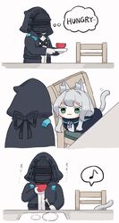  1other :3 animal_ear_fluff animal_ears arknights bad_id bad_pixiv_id black_jacket bowl cat_ears cat_girl cat_tail chair closed_mouth commentary doctor_(arknights) eighth_note english_text female fork gloves green_eyes grey_hair highres holding holding_bowl holding_fork hood hood_up hooded_jacket jacket long_sleeves musical_note on_chair open_clothes open_jacket plate rosmontis_(arknights) shirt short_eyebrows someyaya spoken_musical_note table tail thick_eyebrows thought_bubble translated white_gloves white_shirt 