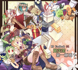  1boy 3girls :3 alchemist_(ragnarok_online) armor armored_boots barefoot belt bird blonde_hair blush bongun boots bow bow_bra box bra brown_belt brown_cape brown_dress brown_footwear brown_gloves brown_jacket brown_pants brown_shorts cape chainmail character_doll closed_mouth commentary_request cross-laced_footwear doll dress elbow_gloves emperium fingerless_gloves flower full_body fur_collar gauntlets gift gloves gold_bar green_hair hair_between_eyes hair_flower hair_ornament head_wreath honeypot jacket knight_(ragnarok_online) leaf lif_(ragnarok_online) long_hair long_sleeves looking_at_viewer medium_hair midriff multiple_girls munak navel open_mouth orange_eyes pants pauldrons peco_peco pink_flower plant_hair poporing pumpkin purple_eyes purple_gloves ragnarok_online red_bow red_eyes saddle scroll short_dress short_hair shorts shoulder_armor shrug_(clothing) sidelocks siolfur slime_(creature) smile star_(symbol) strapless strapless_dress sword teapot thief_(ragnarok_online) underwear weapon white_bra white_dress white_flower white_hair 