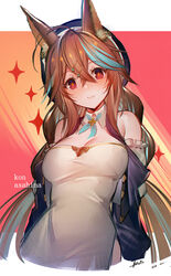  absurdres ahoge animal_ear_fluff animal_ears aqua_hair asahina_kon bare_shoulders blush breasts brown_hair cleavage commentary cropped_torso crossed_bangs detached_collar detached_sleeves dress female fox_ears hair_ornament hairclip hanusu highres indie_virtual_youtuber long_hair looking_at_viewer medium_breasts multicolored_hair outside_border red_eyes sidelocks smile solo strapless strapless_dress streaked_hair tube_dress upper_body very_long_hair virtual_youtuber 