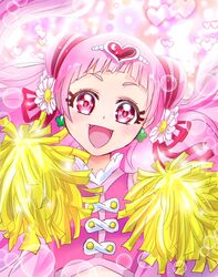  bishie_sparkle blouse clover_earrings cone_hair_bun cure_yell female flower hair_bun hair_flower hair_ornament hair_ribbon heart heart_hair_ornament highres hugtto!_precure lips magical_girl manekineko5319 navel nono_hana open_mouth pink_shirt pink_theme pom_pom_(cheerleading) precure ribbon shirt solo sparkle_background thick_eyelashes upper_body 