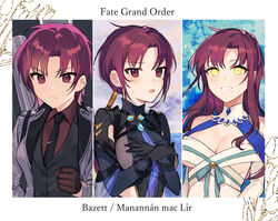  3girls bare_shoulders bazett_fraga_mcremitz black_bodysuit black_gloves black_necktie black_suit blue_necktie blush bodysuit border breasts brown_gloves character_name cleavage closed_mouth commentary_request detached_collar dress english_text fate/grand_order fate_(series) flustered formal gloves grey_jacket hair_tubes jacket large_breasts long_hair long_sleeves looking_at_viewer low_ponytail manannan_mac_lir_(fate) manannan_mac_lir_(first_ascension)_(fate) manannan_mac_lir_(second_ascension)_(fate) manannan_mac_lir_(third_ascension)_(fate) mole mole_under_eye multiple_girls multiple_persona necktie open_clothes open_jacket open_mouth parted_bangs purple_dress purple_eyes purple_shirt rizu033 serious shirt short_hair smile suit sweatdrop teeth white_border white_dress yellow_eyes 