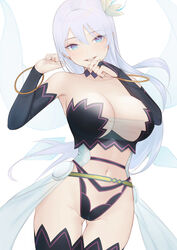  :d armpit_crease armpits bare_shoulders black_choker black_sleeves black_thighhighs blue_eyes bracelet breasts bridal_gauntlets choker cleavage collarbone commentary cowboy_shot detached_sleeves energy_wings fairy fairy_wings female flower groin hair_between_eyes hair_flower hair_ornament hands_up highres jewelry kisaragi_reona kyuukyoku_shinka_shita_full_dive_rpg_ga_genjitsu_yori_mo_kusoge_dattara large_breasts long_hair looking_at_viewer mari_(doraerin0) navel open_mouth revealing_clothes sidelocks simple_background skindentation smile solo stomach teeth thigh_gap thighhighs upper_teeth_only waist_cape white_background white_hair wings 