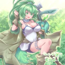  +_+ 2021 bird breasts brown_robe cleavage covered_navel cross-shaped_pupils duel_monster female forest green_eyes green_hair gusto_gulldo large_breasts looking_at_another nature nisemono_faker open_mouth ponytail robe solo symbol-shaped_pupils winda_(yu-gi-oh!) winda_priestess_of_gusto yu-gi-oh! 