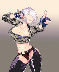  ahoge angel_(kof) blue_eyes breasts chaps cleavage commentary_request crop_top cropped_jacket female fingerless_gloves ghgnvm gloves grey_hair hair_over_one_eye highres holding jacket korean_commentary large_breasts looking_at_viewer microphone midriff mixed-language_commentary navel open_mouth panties partial_commentary photoshop_(medium) short_hair simple_background smile solo the_king_of_fighters underwear white_hair 