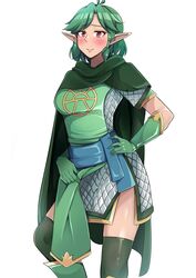  2022 ahoge armor bangs blush boots borrowed_character brown_eyes cape cleric cloak dungeons_and_dragons elf elf_ears elf_girl eriawynn gloves green_hair knee_boots lathander pointy_ears sash scalemail short_hair tales_from_the_tables thighhighs wakkiau zettai_ryouiki 