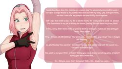  1girls armpit armpit_crease armpit_fetish armpit_peek armpit_pussy armpits arms_behind_back arms_up blushed caption clothed confused dialogue female female_only fetish fully_clothed gatuno gloves kink naruto naruto_shippuden pink_hair sakura_haruno small_breasts smell solo spreading spreading_armpit sweat sweatdrop underarm white_skin 