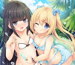  2girls ;p azur_lane bare_shoulders bikini black_hair blonde_hair blue_eyes blue_sky blush bow bow_bikini breasts cleavage closed_mouth cloud cloudy_sky collarbone commentary_request cross day diagonal_stripes fingernails food frilled_bikini frills grey_eyes hair_ornament hairbow hairclip highres holding holding_food holding_hose hose iron_cross long_hair multiple_girls navel nose_blush official_art one_eye_closed open_mouth outdoors palm_tree popsicle sakuraba_hikaru_(loveindog) sitting sky small_breasts smile striped_bikini striped_bow striped_clothes swimsuit tongue tongue_out tree twintails very_long_hair wardrobe_malfunction wariza wet white_bikini z18_(azur_lane) z19_hermann_kunne_(azur_lane) 