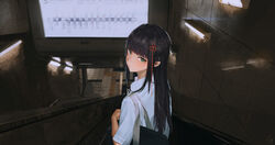  back bag black_hair blunt_bangs blush commentary_request escalator female green_eyes hair_ornament highres kosei_high_school_uniform long_hair looking_at_viewer looking_back pastel_(medium) persona persona_5 photoshop_(medium) school_bag school_uniform sidelocks solo subway tifg39 tougou_hifumi 